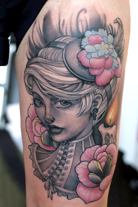 Traditional portrait tattoo with flowers