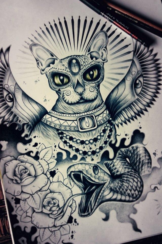Lithuanian style hairless cat tattoo design