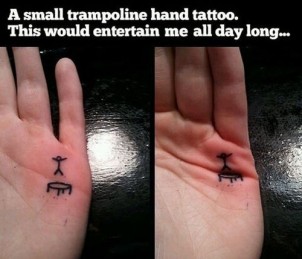 hilarious stick figure on trampoline hand tattoo
