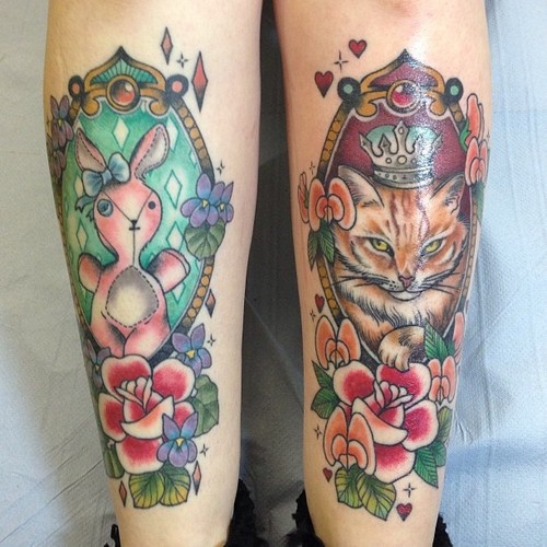 Cat and stuffed bunny portrait leg tattoos on girls shins