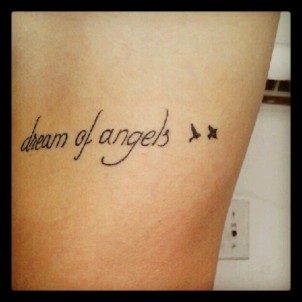 “Dream of angel” quote tattoo with birds