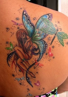 Fairy with Butterfly Wings and Dragonflies on Girls Shoulder